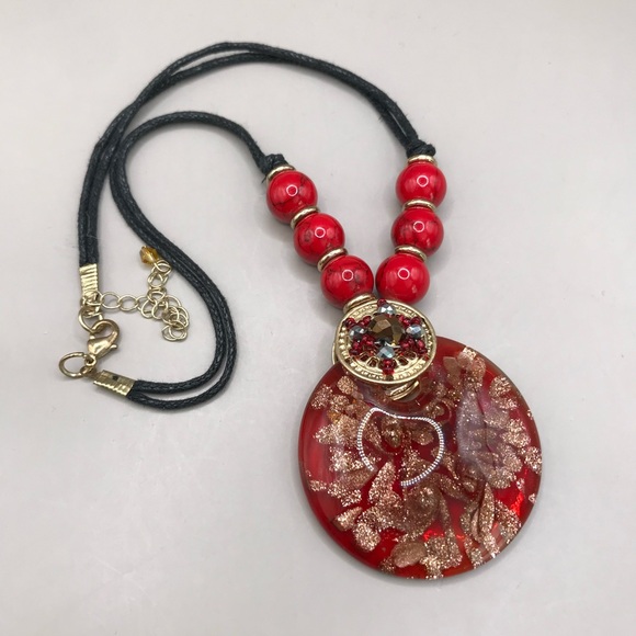 Red Glass Pendant & Acrylic Bead Necklace - Picture 5 of 8